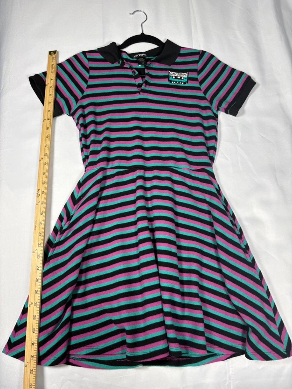 Hot Topic Sad Songs Embroidered Striped Polo Dress in Black, Teal & Pink